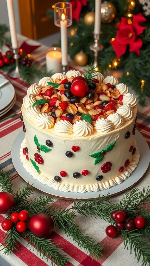 A traditional Christmas cake decorated with marzipan and fondant, surrounded by festive holiday decorations.